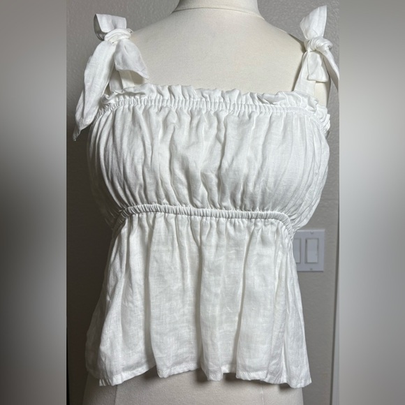 Faithful The Brand Camille Elegant White Linen Ruffle Strap Tank Top. Cropped - Picture 11 of 16